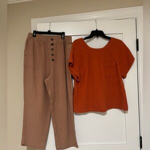 Madewell Orange Top and Brown Wide Leg Pants Set
